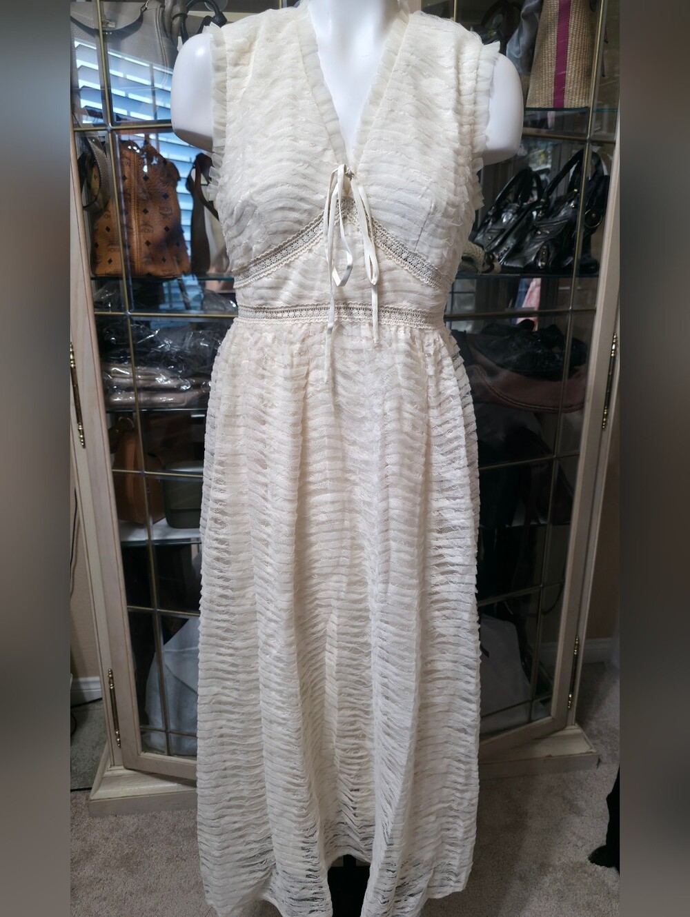 Just Me Cream Textured Maxi Dress with V-Neck Tie